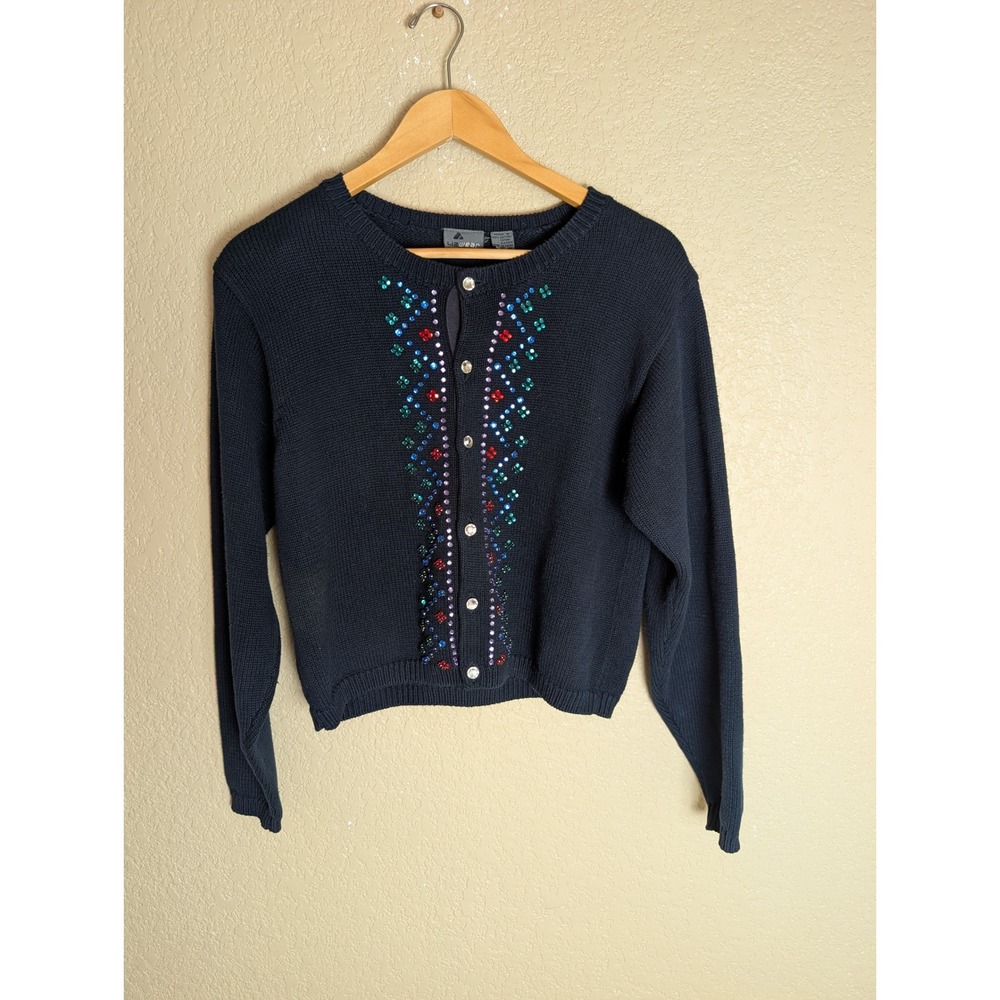 Lizwear Petites Navy Rhinestone Cardigan Sweater Cotton Y2K Beaded Glam